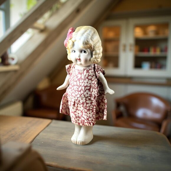 1930s Japanese 6" Bisque Doll with Movable Arms – “Charlotte-Type” Child, Bow & - Picture 9 of 9